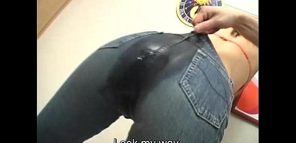  Subtitled Japanese oiled up jeans worship with footjob
